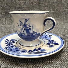 Vtg Delft Blue Hand Painted Windmill Floral Demitasse Coffee Tea Cup Saucer Sm.