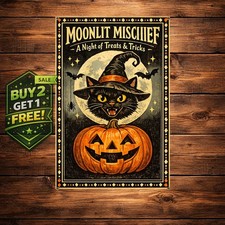 Halloween Witch Hat Cat Pumpkin Bat Full Moon 8x12 Metal Tin Sign