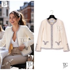CHANEL 20C Ivory Cotton CC Logo Button Collarless Tweed Jacket Karl Lagerfeld 34