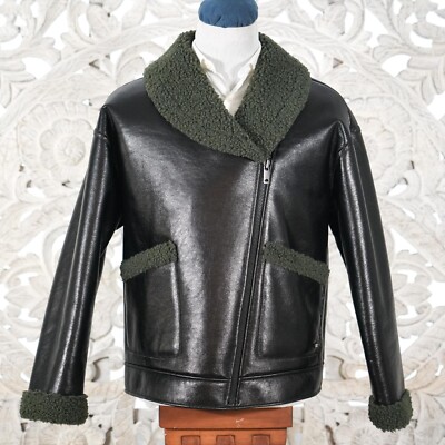 Scotch & Soda Faux Leather Sherpa Jacket - L - Black & Green - Asymmetrical Zip