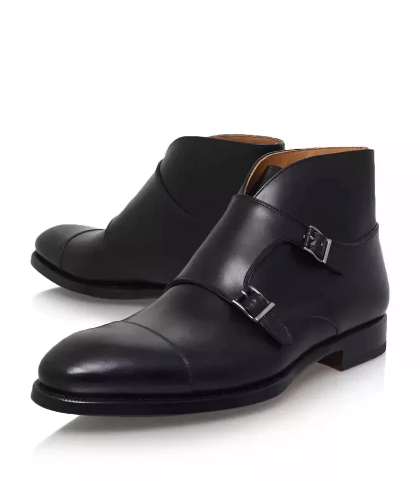 Handmade men black boots, double monk strap boot, men leather boots formal dress