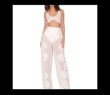 HOUSE OF CB LONDON Sovanna White Embellished Floral Appliqué Wide Leg Pants Mesh