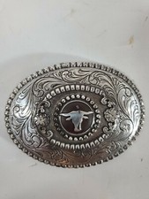 Nocona Oval Belt Buckle w/Longhorn Silver Tone