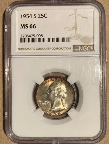 1954-S NGC MS66 WASHINGTON QUARTER 25c - Reverse Toned
