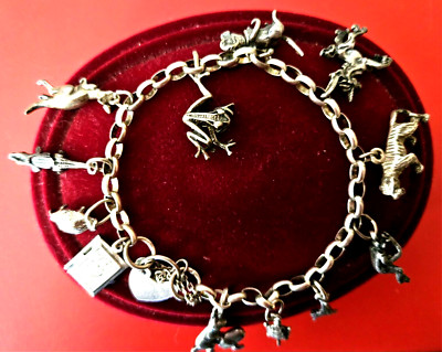 Antique Sterling silver jewellery Charm Braclet. Unique animal charms Rare Find