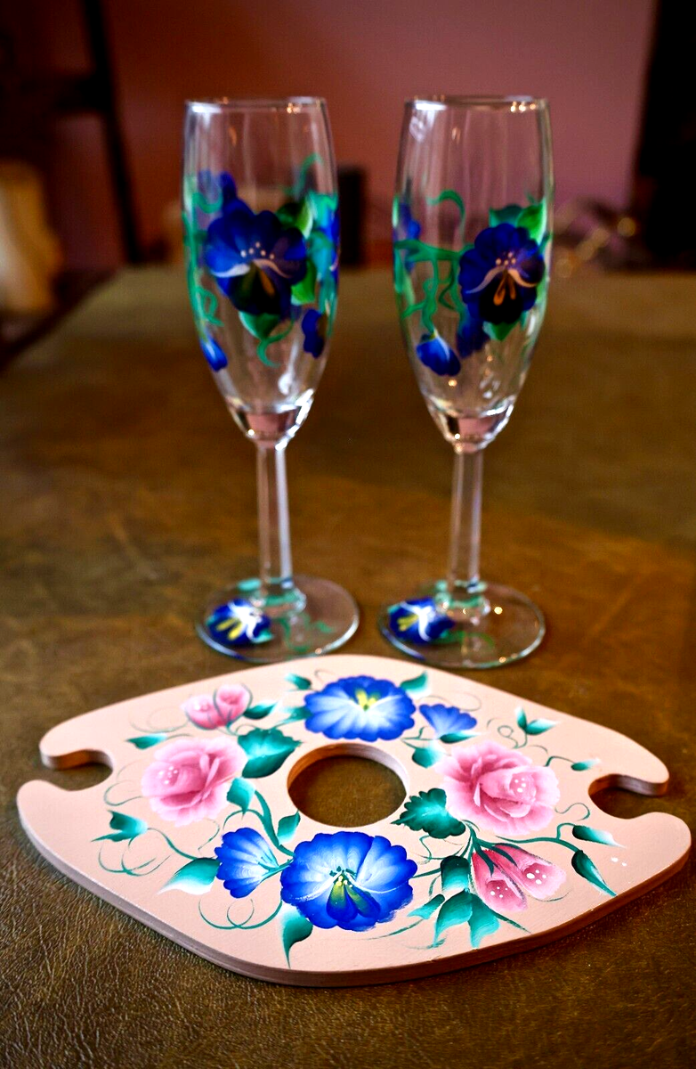 Wine And Glass Caddy With Pansy and Rose design &2 matching hand painted  glasses | eBay