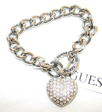 NEW GUESS SILVER TONE CHAIN LINK  BRACELET  PUFFED HEART CHARM TOGGLE