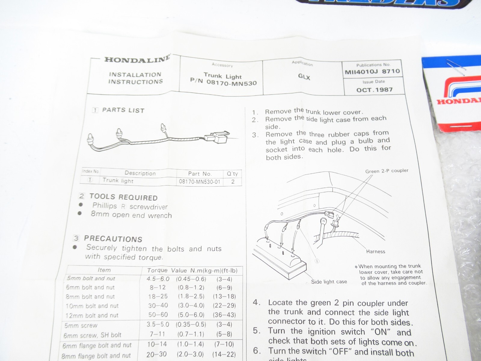 Honda NOS Trunk Marker Light Kit Hondaline Gl1500 GL 1500 for sale