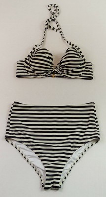 black and white striped high waisted bikini