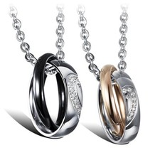 His or Hers Matching Love Heart Rings Couple Necklace Stainless Steel Pendant