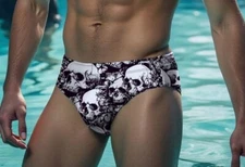 New Men's Sexy Black & White Skull Low Rise Style Bikini Swim Brief-Gay Interest