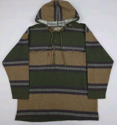 Vintage 90s Wetlands Bugle Boy Multicolor Stripe Pattern Hooded Shirt 3/4 Sleeve