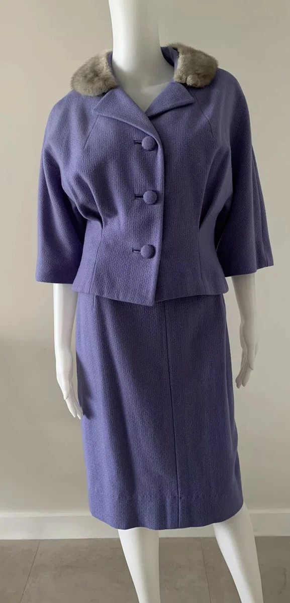 Vintage 50s Lilac Wool Skirt Suit With Fur Removable Collar