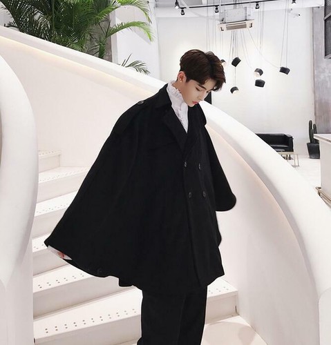 Mens Wool Cloak Cape Poncho Coat Jacket Double Breasted Punk Trench Outwear S-4X - Picture 4 of 7