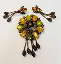 Vintage Alice Caviness Brooch & Earrings Set Green Yellow Glass Cabs Dangles 