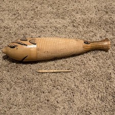Vintage 16" Wooden Guiro Fish Style Latin Percussion XL Wood Black  Stick vtg 