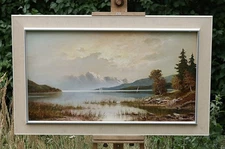 Gustav White – Alpenlandschaft at the Lake – Oil on Canvas –Signed – with Frame