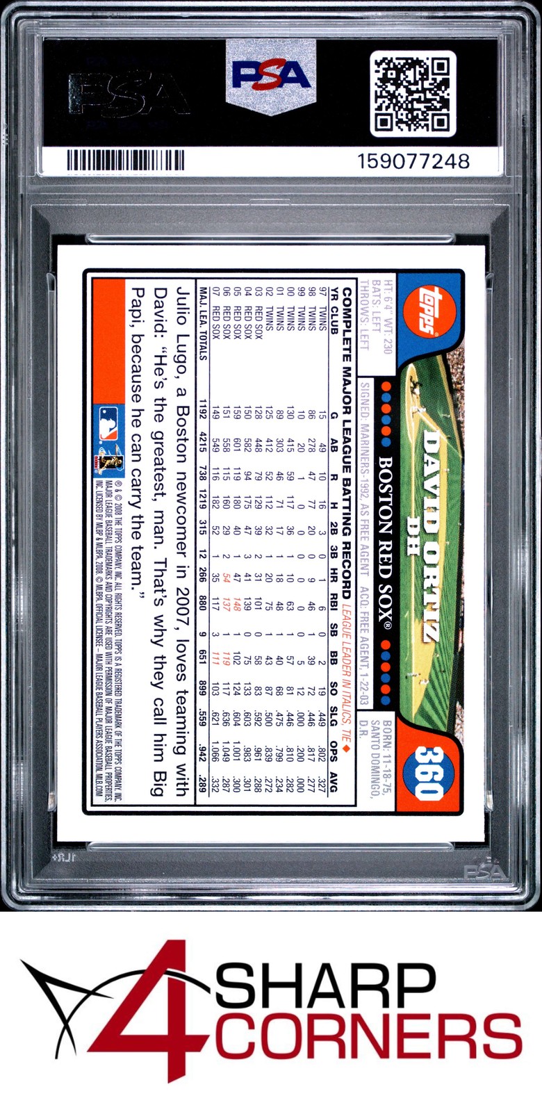 2008 TOPPS #360 DAVID ORTIZ RED SOX HOF PSA 10 view 2