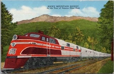 c1940s ROCK ISLAND RAILROAD Linen Postcard "ROCKY MOUNTAIN ROCKET" Pikes Peak