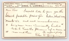 1876 Chas. C. Loring Postcard Boston MA Iron & Steel Supplier Taunton Locomotive