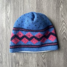 Vintage LANDS' END Wool Knit Ski Beanie Hat Blue Pink OS Made In USA