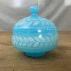 Vintage Pyrex Laurel Leaf Blue Milk Glass Candy Dish Lid Mid Century Modern