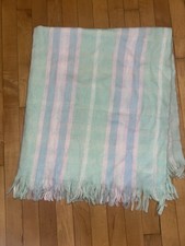 Vintage BabyCrest Plaid Acrylic Baby Blanket Green Pink Blue Fringe Japan