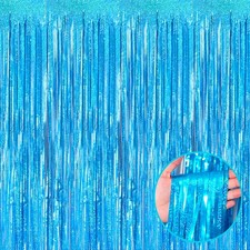 4 Pack Tinsel Foil Fringe Curtain Backdrop, Metallic Streamers, Light Blue