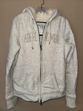 Abercrombie  Fitch Faux Fur Lined Zip Hoodie Gray Logo Jacket XL Cozy Y2k