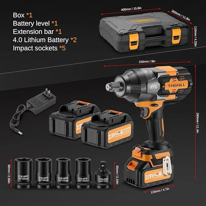 1800Nm Max Torque Impact Wrench Kit Cordless with Batteries