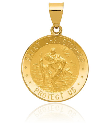 14K Yellow Gold Large Saint Christopher Medal Pendant Necklace 29mm 1.1 inch