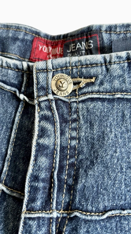 Pantalones de mezclilla vintage raros Y2K Younique talla 9 ventana costura expuesta acampanada lavado oscuro Foto 4 de 4