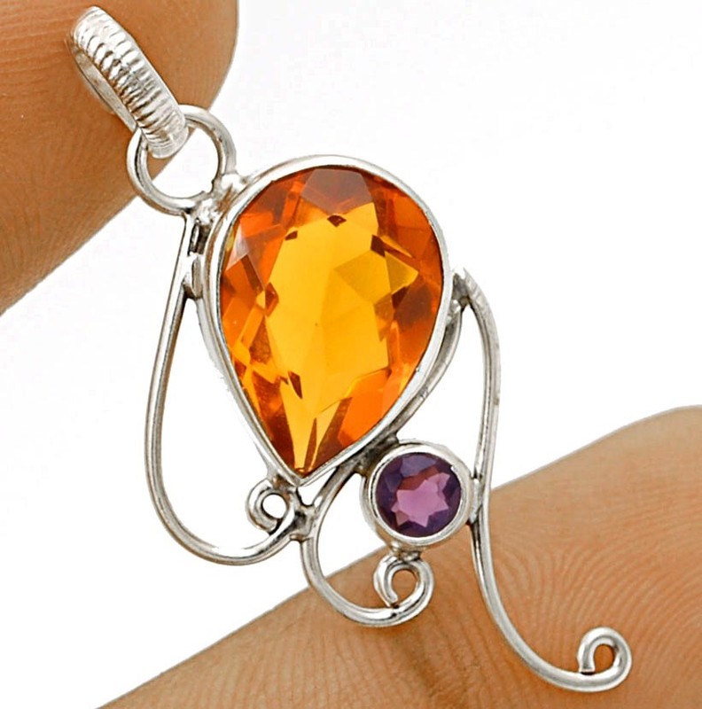 2CT Natural Golden Citrine & Amethyst 925 Sterling Silver Pendant Jewelry @19-9