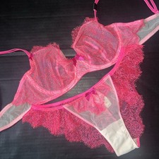 Victoria's Secret unlined 32B,34C BRA SET S,M cheekinipanty neon PINK beige lace