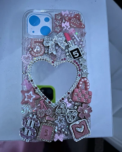 Pink Clear Glitter Jewelled Rhinestone Heart Mirror Lightweight Back Case