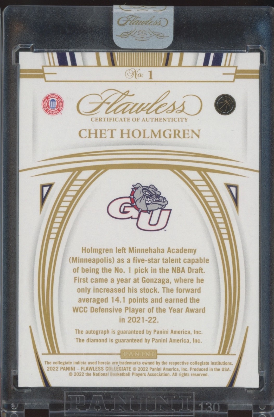 2022 Panini Flawless Diamond Platinum Blue #1 Chet Holmgren 1/1 Auto RC Rookie view 2
