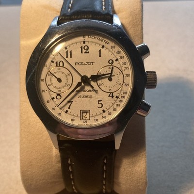 Poljot Chronograph 23 Jewels Men's Watch Tachymeter White Dial Black Leather