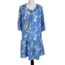 & other Stories Womens Floral Ruffled Dress Sz Small Blue White Tie Neck