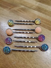 Set of Four Silver and Faux Druzy Hair Clips Fancy Bobby Pins