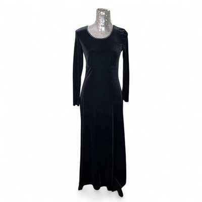 Y2K Gothic Velvet Maxi Dress Small Long Sleeve Black Bodycon Witchy Evening