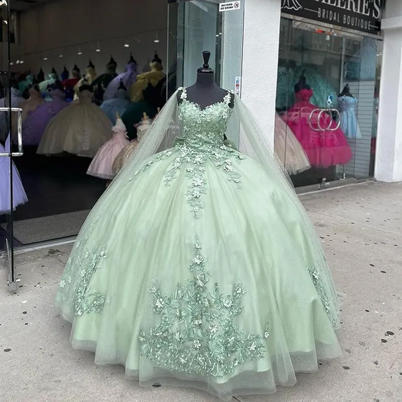 Mint Green Quinceanera Dresses With Cape Sweet 15 16 Bowed 3D Flowers Ball  Gowns | eBay