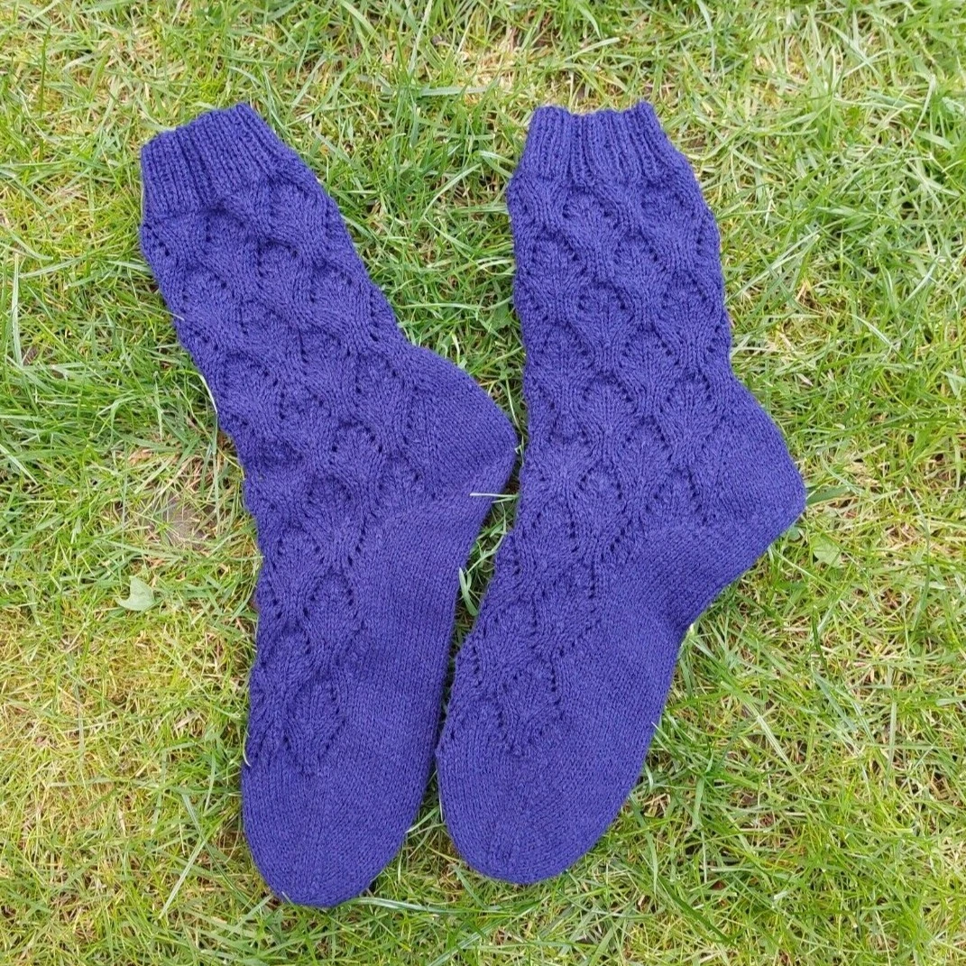 Handmade designer knitted lace socks, wool/acrylic socks, dark blue colour