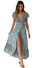 Blue Floral Maxi Dress Wrap V Neck Ruffle Cottage Prairie Peasant Feminine S NEW