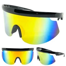 Oversized 80's RETRO SPORTY WRAP Style SUNGLASSES Huge Big Black Frame Gold Lens