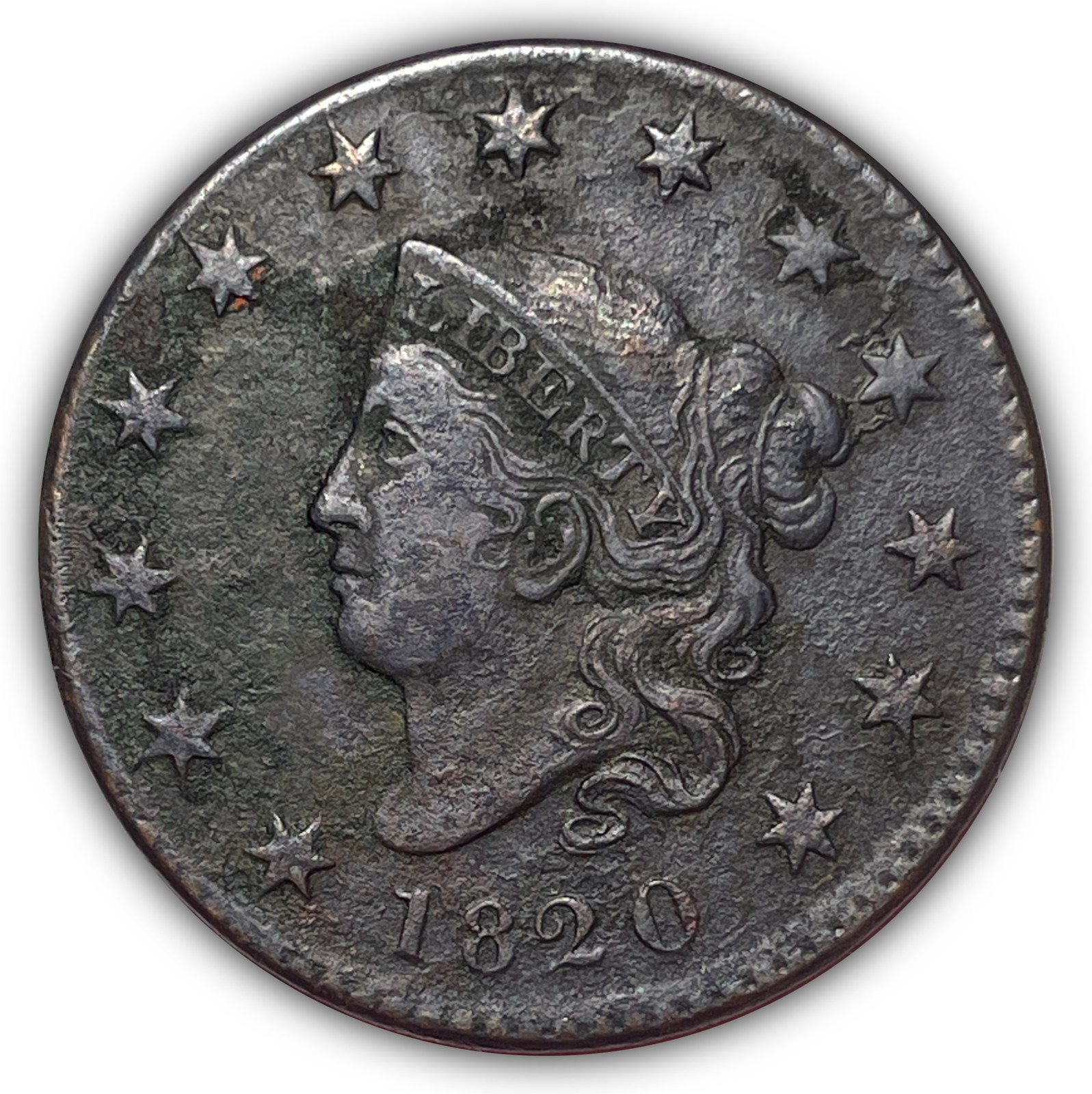 1820 Small Date Coronet Head Cent Almost Uncirculated AU Coin, Corrosion #23632