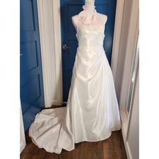 David's Bridal Galina Satin Wedding Dress Sz 2 Halter Style Roses Small Train