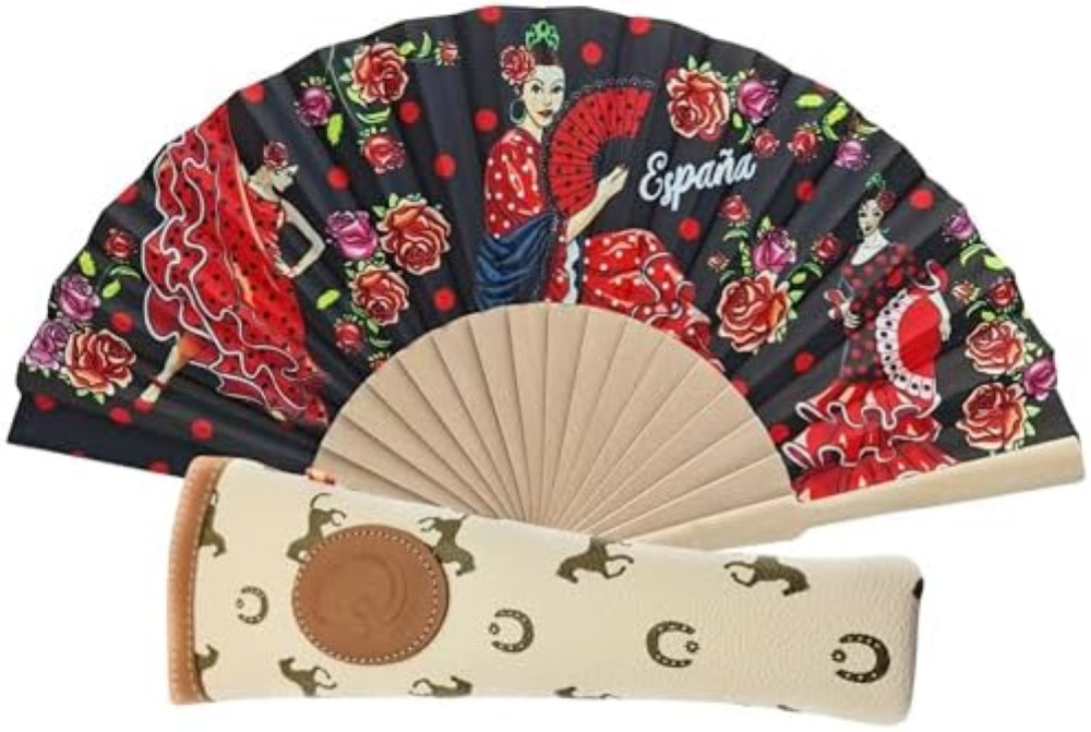 Ventaglio pieghevole con custodia. Tessuto stampato in cotone su legno. Disegni