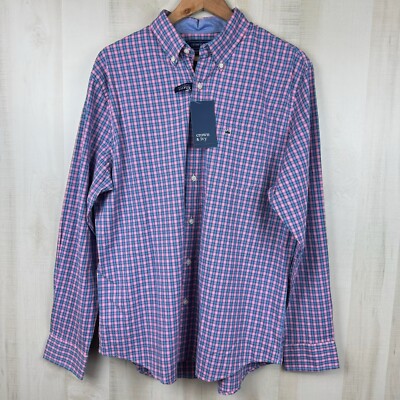 NWT Mens Crown & Ivy Plaid Long Sleeve Shirt Pink Blue Motion Flex Medium