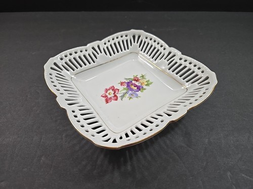 Vtg Germany US Zone Reticulated Porcelain Trinket Dish Pink Floral 6 1/4" Square - Picture 6 of 9