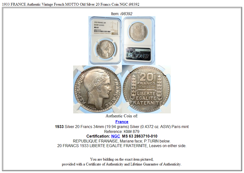1933 FRANCE Authentic Vintage French MOTTO Old Silver 20 Francs